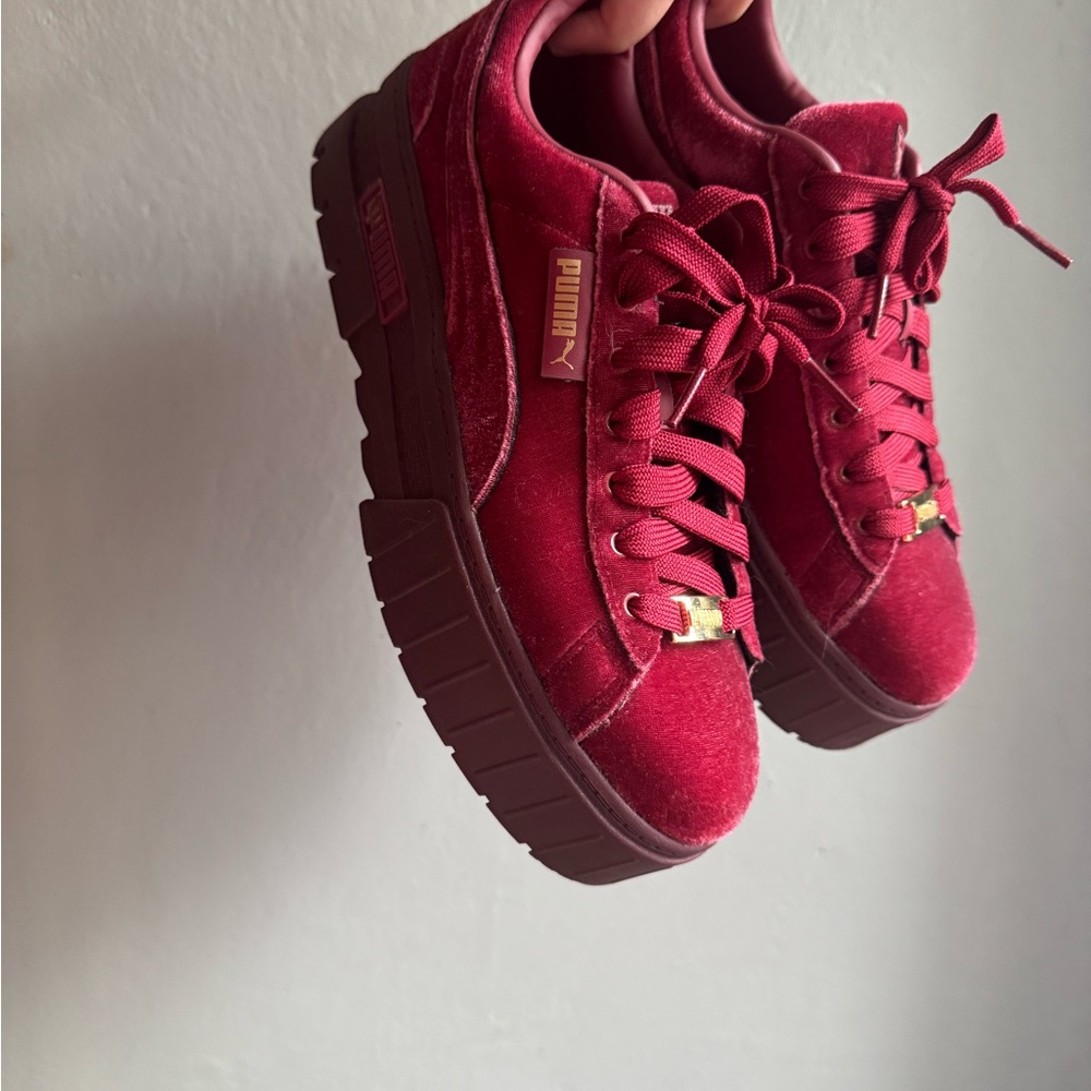Puma Mayze Burgundy Velvet Platform Sneakers